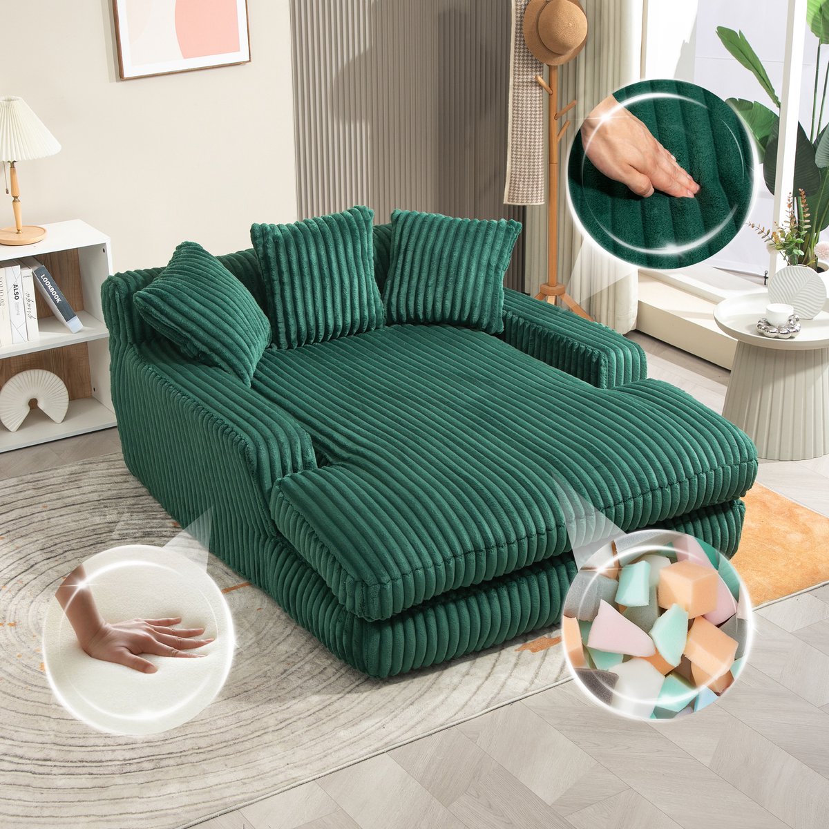 Gutent Bank Moderne corduroy slaapbank Cloud Couch met 3 zachte kussens, comfortabele eenpersoons vloerbank voor woonkamer, appartement of kantoor (Emerald) Smaragd