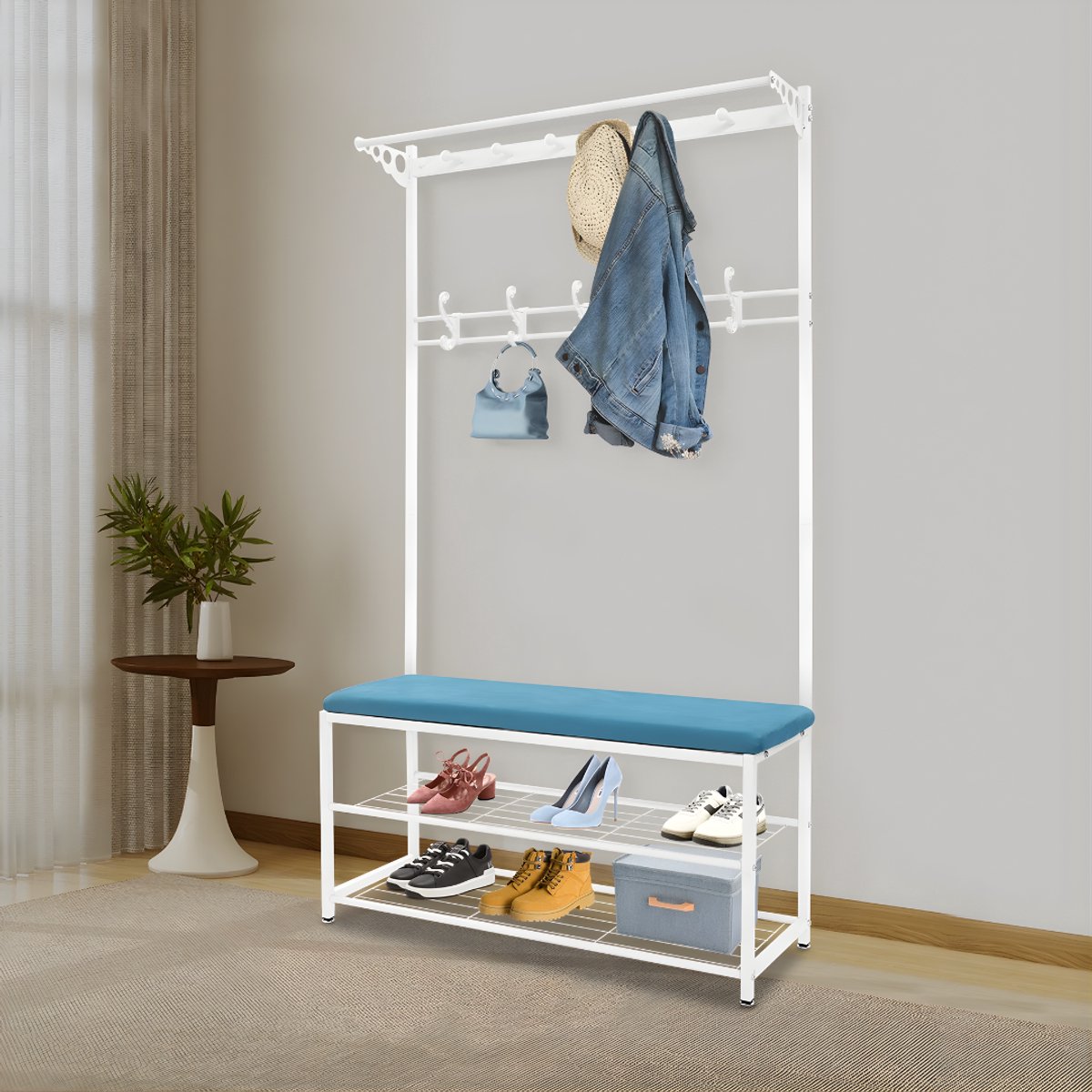 Kapstok met bank - Kledingrek - Schoenenrek - Voor kledingopslag en schoenen - Multifunctioneel - Met haken en bankje - Blauw – foto 4
