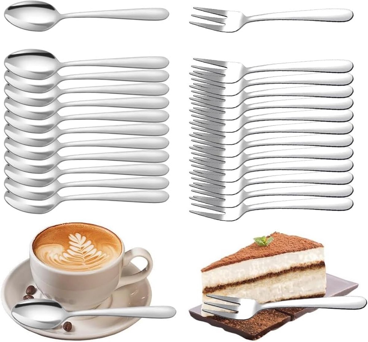 Koffielepel en Taartvork Set 24 Stuks - 12 Lepels en 12 Vorken - RVS 14.5 cm - Voor Bruiloften en Verjaardagen - Vaatwasmachinebestendig