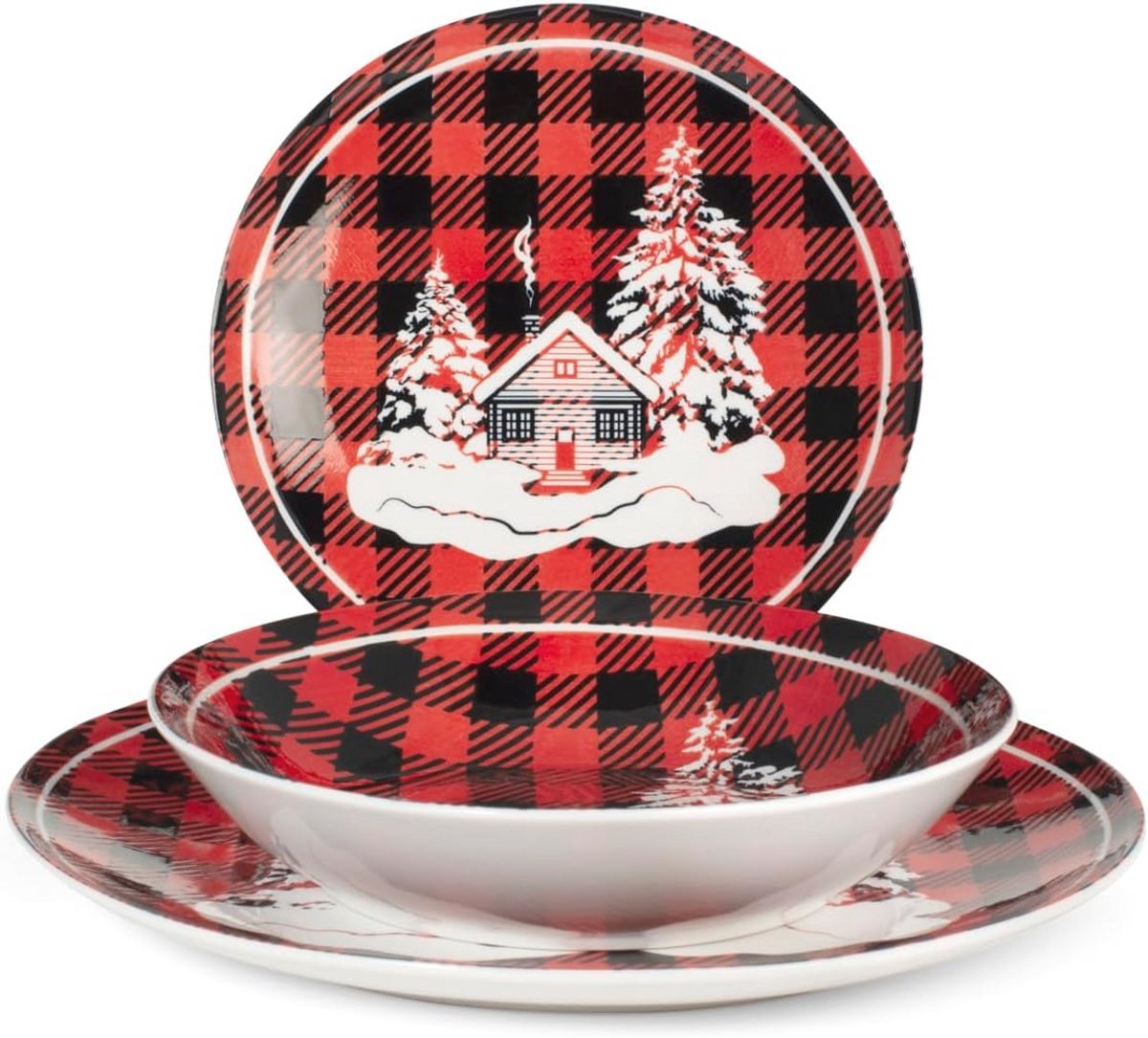 Kerstmis Porseleinen Tafelservies - 18 Borden - Rood - Cottage Stijl