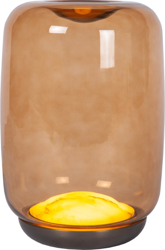 Atmooz Skibo Tafellamp – grote amberkleurige glasbol – decoratieve tafellamp woonkamer – geïntegreerde LED – bronzen metalen basis met alabaster detail – warme sfeerlamp in luxe design – moderne tafel lamp binnen – amber en brons
