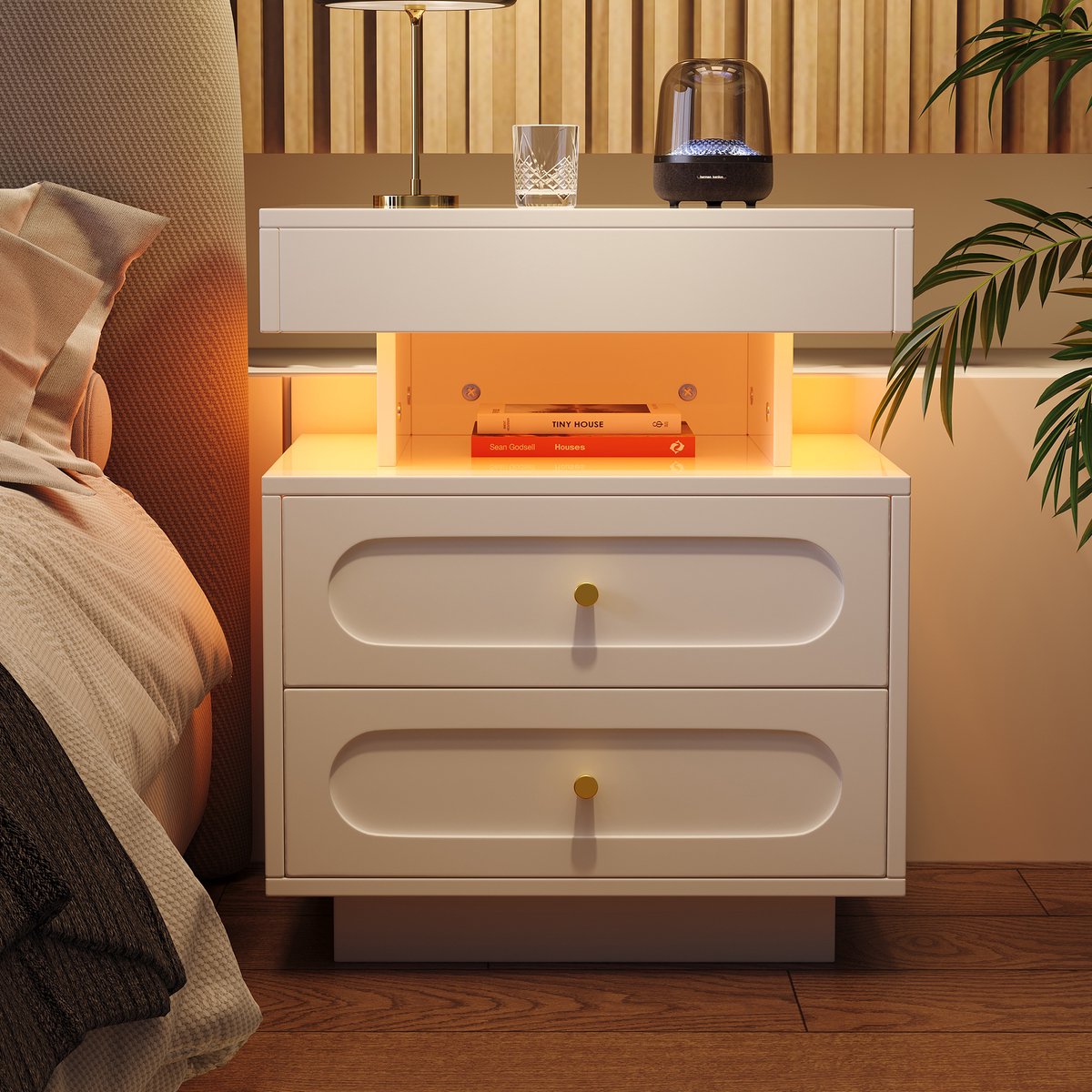 MODFU Nachtkastje van spaanplaat, wit, modern ontwerp met 2 laden, open vak en wisselbare LED-verlichting