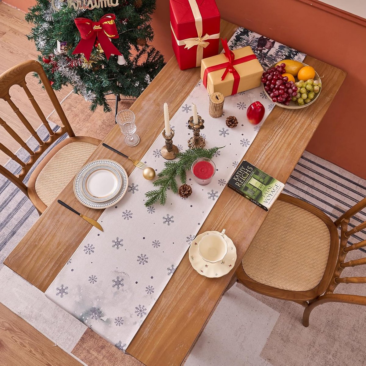 Tafelrunner Kerst Tafelkleed Linnen Winter met Herten en Pijnbomen - 33x183 cm