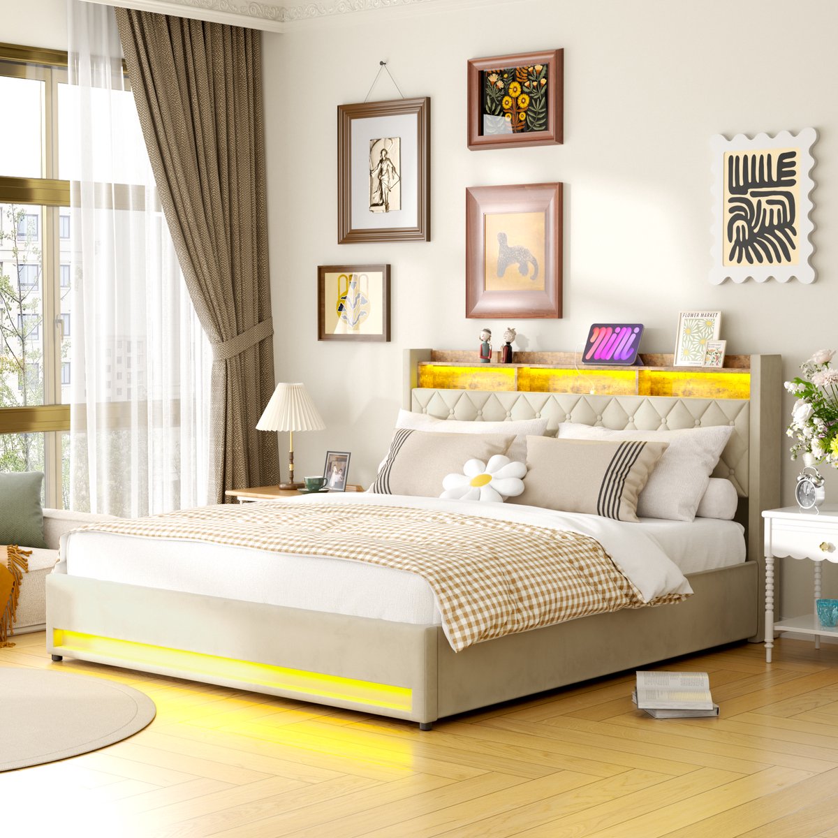 REDOM Luxe Polsterbed van Hollands fluweel – Met ergonomisch hoofdbord, lattenbodem – Slaapkamer en Hotel Beige