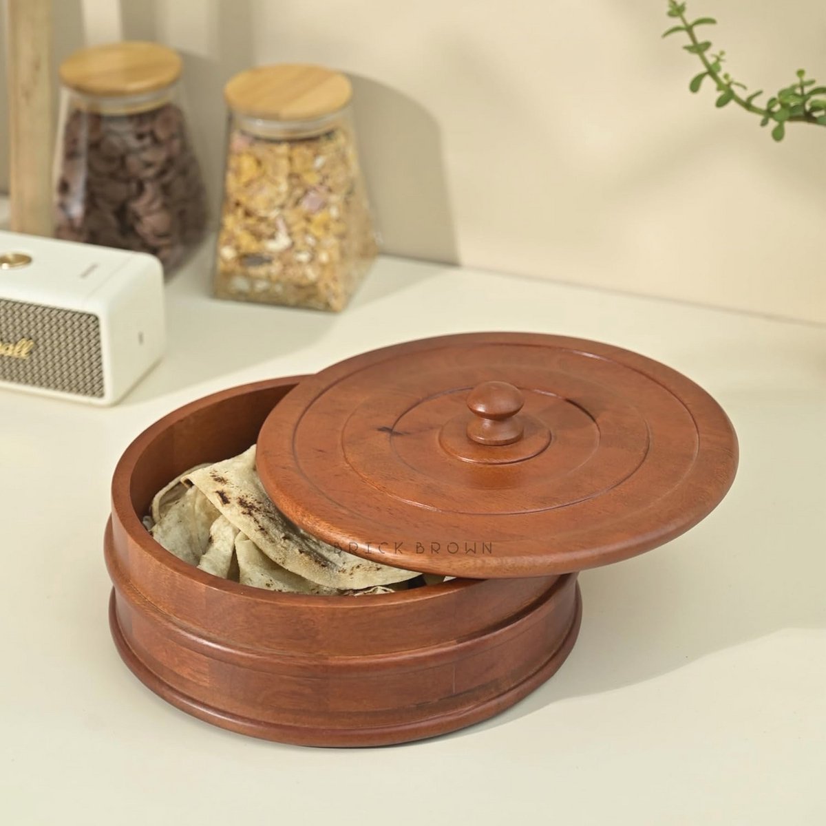 Handgemaakte Houten Chapati Box - Vintage Roti Server met Deksel (22 x 20 x 10 cm)