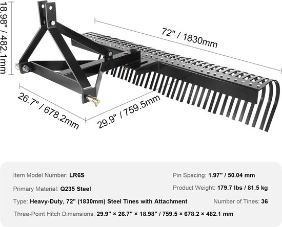 72" sleepverticuteermachine, 36 stalen tanden, 3-punts gazonhark voor tractor, landschapshark voor tuin en boerderij, verzamelt gras, bladeren en afval van Merkloos	 — afbeelding 2