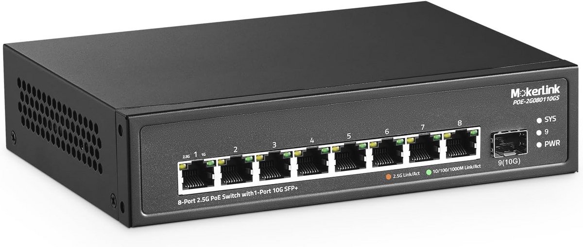 8 poorten 2.5G PoE Switch met 10G SFP+ slot en fanloze behuizing