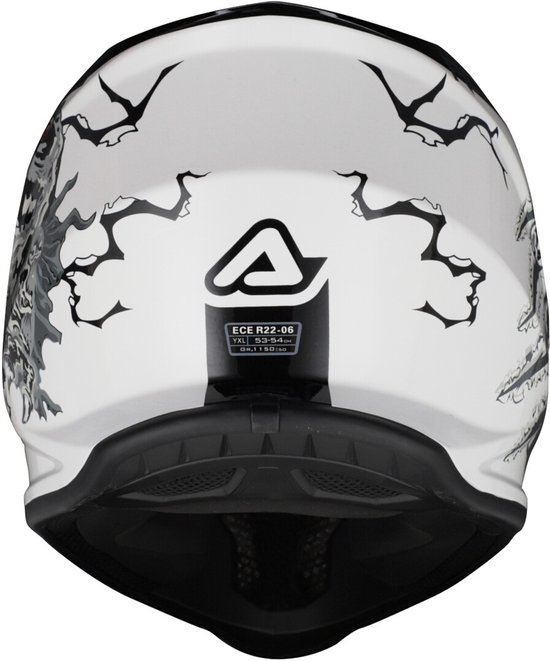 Achterkant witte Acerbis crosshelm met zwart skeletachtig patroon en ECE-certificering.