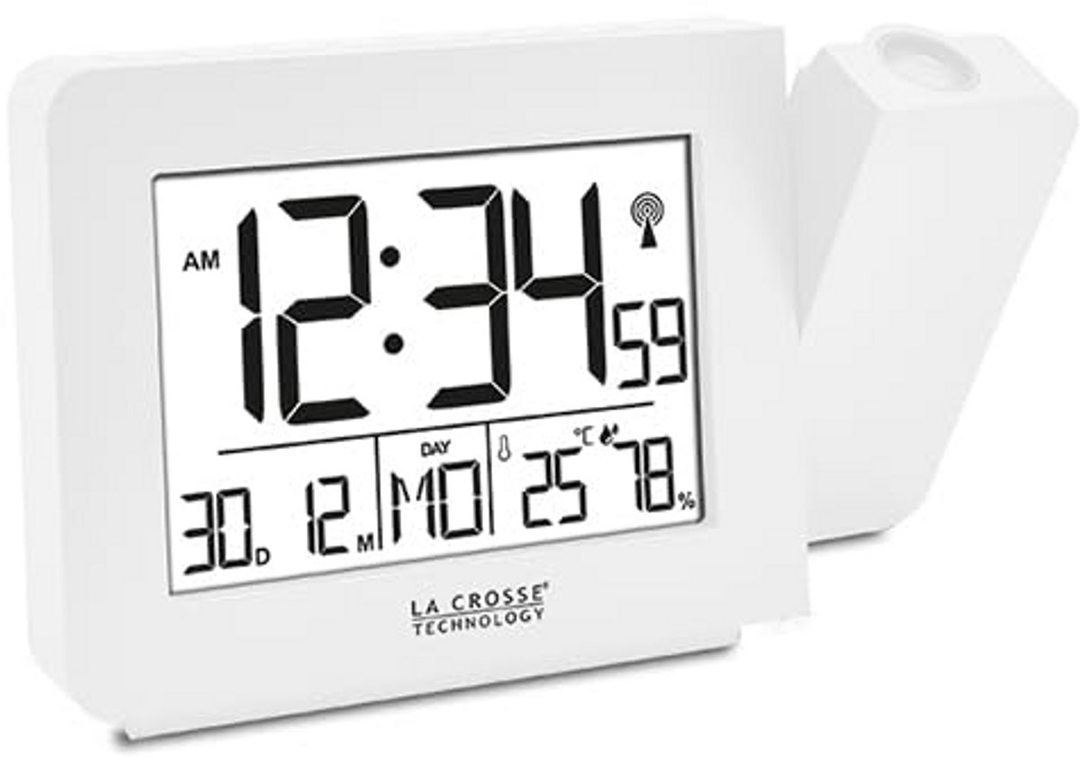 Radiogestuurde alarmklok met projectie en binnenklimaatmonitor
