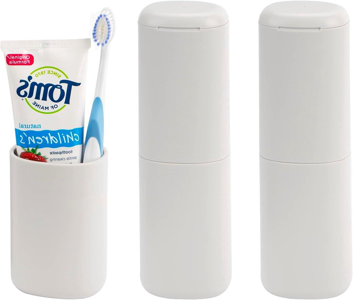 Allecta - Set van 2 tandenborstels voor op reis en tandenborstelhouder, draagbare tandenborstelcontainers, opbergkoffer voor tandpasta. Perfect voor kamperen, school, zakenreizen en badkamer. Inclusief lichtgrijze hoes.