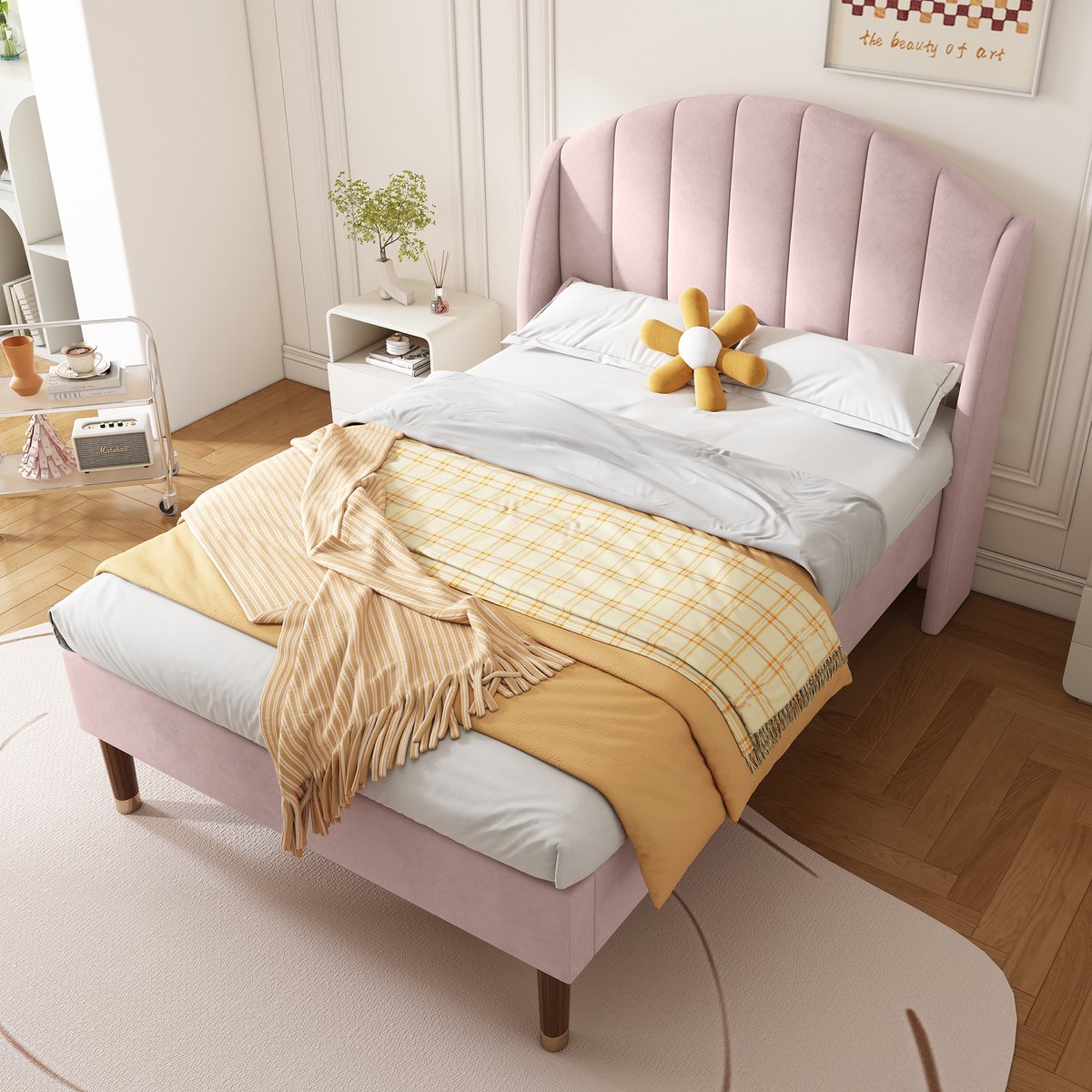 HAUSS SPOLE Gestoffeerd Bed 90x200 cm - Eenpersoonsbed Met Lattenbodem En Gepolsterd Hoofdeinde - Stabiel Met Extra Steunpoot - Velvet - Roze - Zonder matras