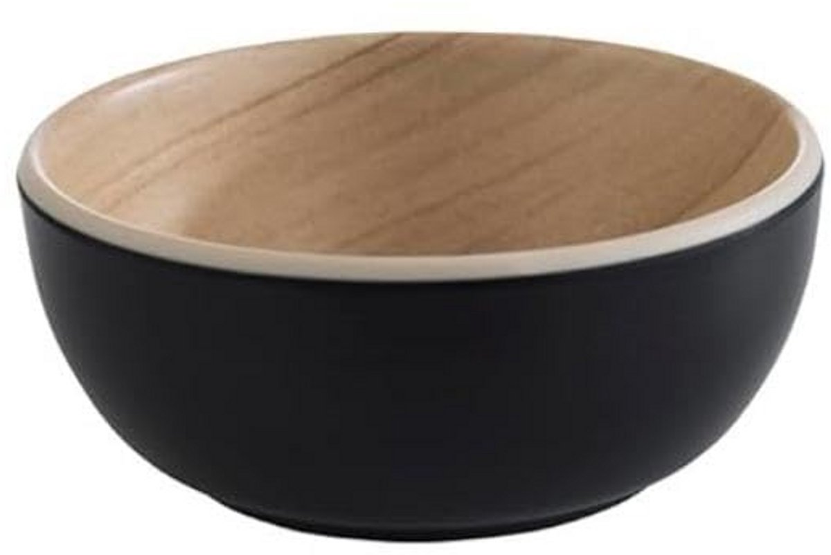 Kleine Zwarte Schaal met Houtlook Rand - Ø 8,5 cm - Melamine Serveerschaaltje