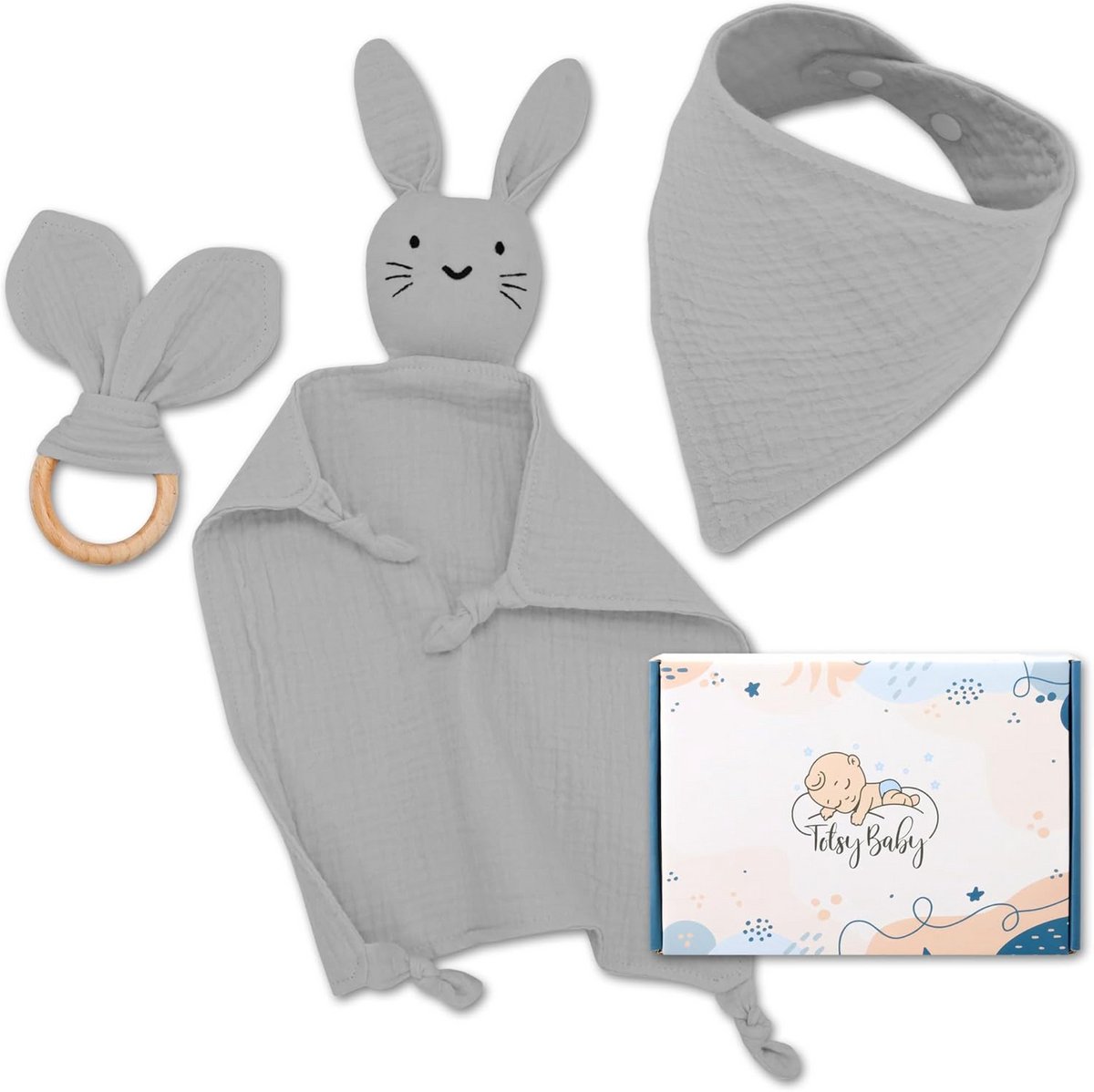 Babyshower Cadeauset Baby Jongen Meisje - Kwaliteit Knuffeldoekje, Bijtring en Slab