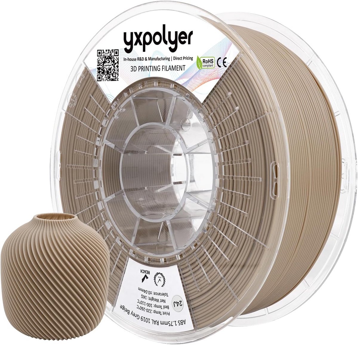 ABS+ Filament 1.75mm Grijs Beige 1KG voor 3D Printer - Hoge Warmte & Sterkte