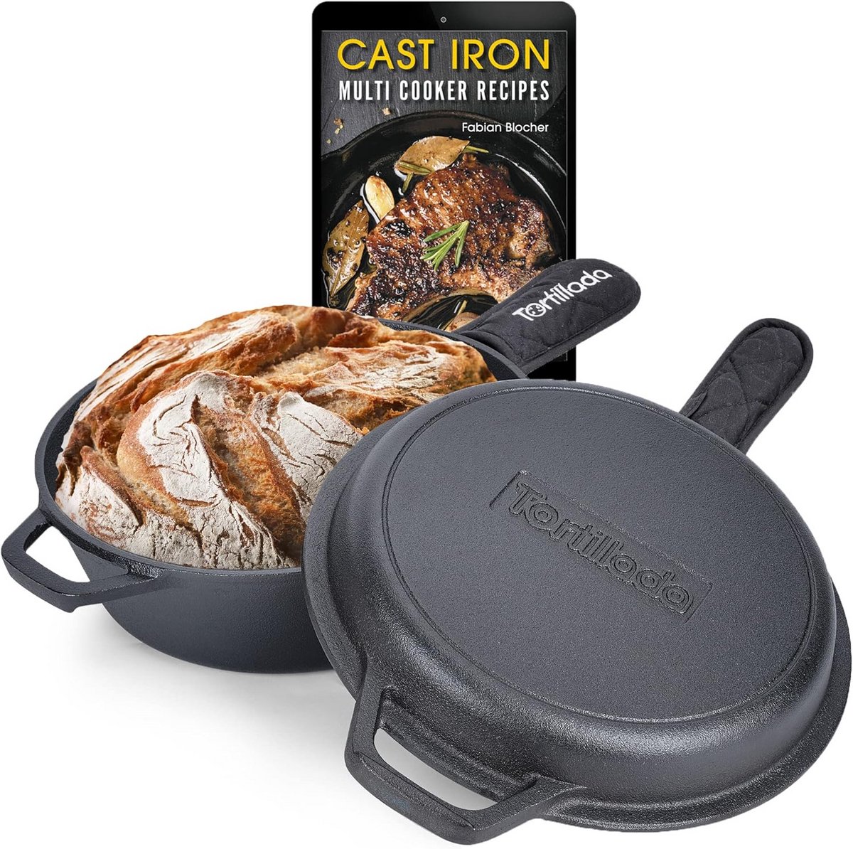 Gietijzeren Combo Cooker Braadpan 2-in-1 met Pan en Receptenboek