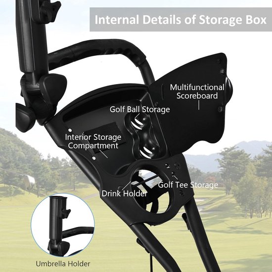 Inklapbare Golf Trolley met 3 Wielen en Voetrem - Verstelbare Handgreep en Accessoires — afbeelding 3