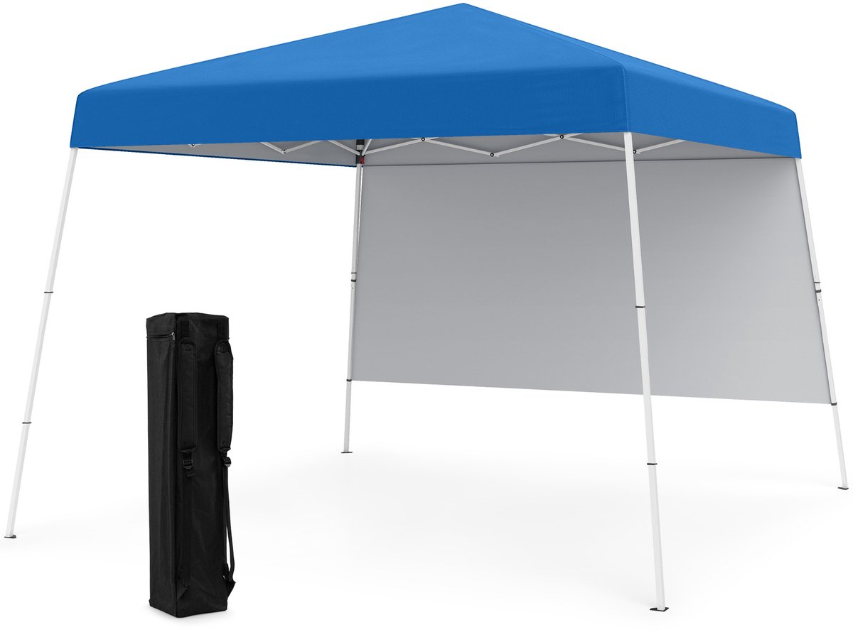 COSTWAY Pop-up paviljoen, 3 x 3 m, vouwpaviljoen met 1 zijwand en draagbare rugzak en 4 grondankers, outdoor tuintent, waterdicht en zonwering, tuinpaviljoen, partytent voor tuin, feest, blauw