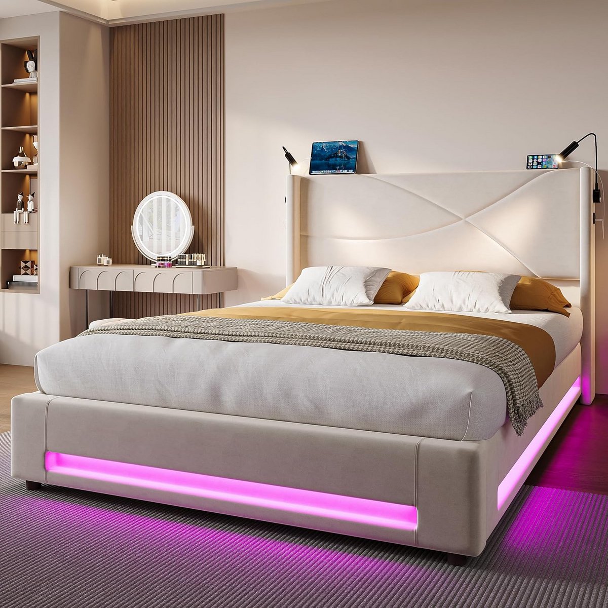 Tweepersoonsbed 140x200 met Nachtkastjes en USB-oplaadpunten, Gestoffeerd met Opbergruimte