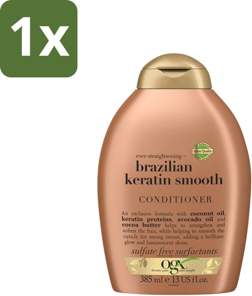 1 x OGX - Brazilian Keratin Smooth - Conditioner - Gladmakend - Herstellend - 385 ml - Keratine Conditioner - Haar Verzorging - Haar Herstel - Pluiscontrole - Glad Haar