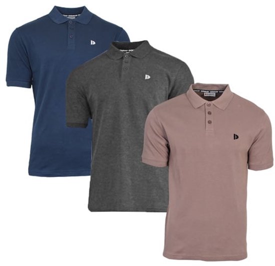 Drie poloshirts van Donnay: donkerblauw, donkergrijs en taupe.