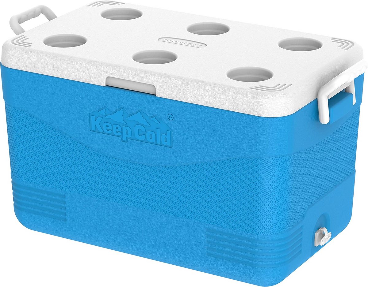 Grote koelbox 60L met handvatten en bekerhouders Blauw