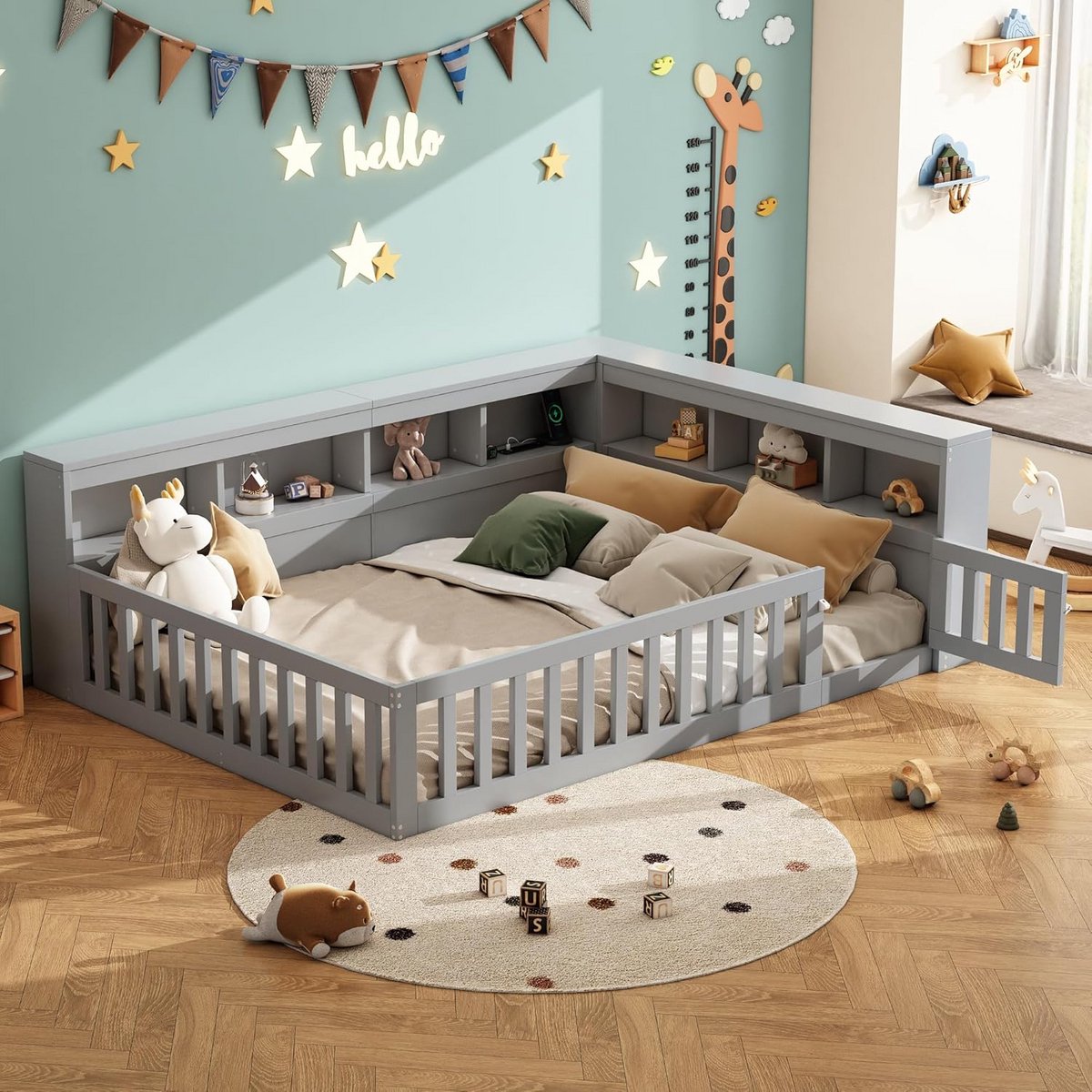 Kindervloerbed 140x200 cm met Valbeveiliging, Lattenbodem, Opbergruimte en USB (Grijs)