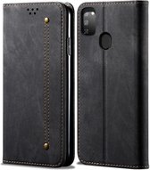 Voor Galaxy M30s denim textuur casual stijl horizontale flip lederen tas met houder en kaartsleuven en portemonnee (zwart)