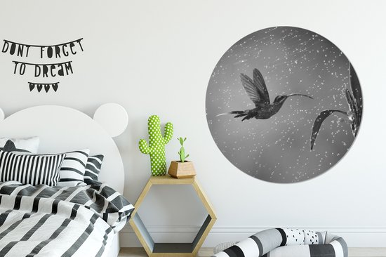 Colibri sous la pluie dans la nature du Costa Rica en noir et blanc Sticker mural cercle mural ⌀ 140 cm / cercle papier peint / cercle mural / cercle vivant - auto-adhésif et coupe ronde