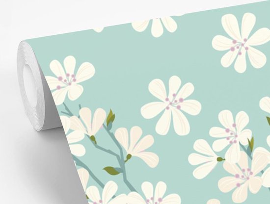 Papier peint photo vinyle - Une illustration de conception florale de fleur de cerisier largeur 240 cm x hauteur 240 cm - Tirage photo sur papier peint (disponible en 7 tailles)