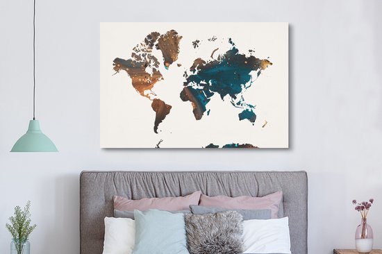 Wereldkaart en peinture bleu foncé et orange sur fond rose 180x120 cm