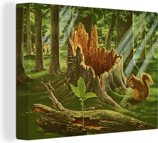 Canvas Schilderij Een illustratie van een eekhoorn naast een boomstronk - 120x90 cm - Wanddecoratie