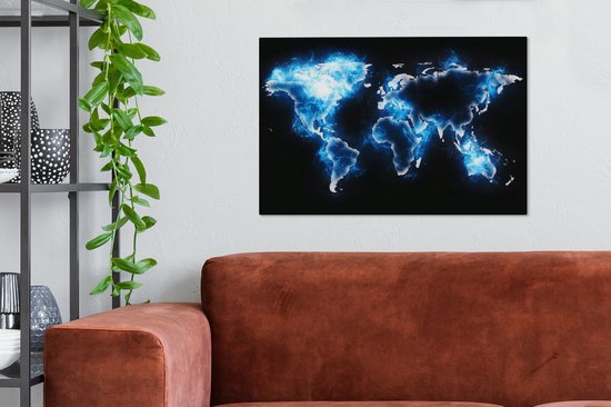 Wereldkaart en bleu électrique sur fond noir 60x40 cm