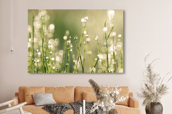 Canvas schilderij 150x100 cm - Wanddecoratie Vroege dauw op grassprieten - Muurdecoratie woonkamer - Slaapkamer decoratie - Kamer accessoires - Schilderijen