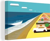Canvas Schilderij Illustratie van een Amerikaanse auto bij strandhuizen - 30x20 cm - Wanddecoratie
