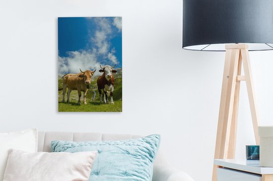 Vaches alpines sous un ciel bleu avec nuages toile 20x30 cm - petit - Tirage photo sur toile (Décoration murale salon / chambre) / Animaux de la ferme Peintures sur toile