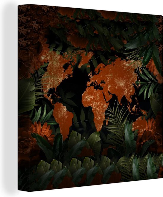 Canvas schilderij 50x50 cm - Wanddecoratie Wereldkaart - Goud - Rood - Muurdecoratie woonkamer - Slaapkamer decoratie - Kamer accessoires - Schilderijen op canvas