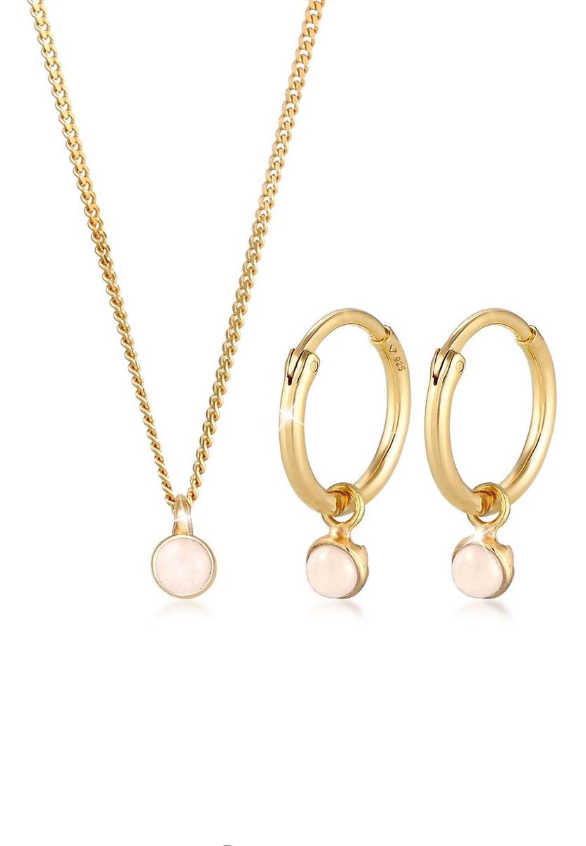 Elli PREMIUM Sieraden Set Dames Hanger Elegant Minimal met Roze Kwarts in 925 Sterling Zilver Verguld