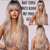 Pruik Wig 100%Monofibrehair net echt haar lichtgewicht Root tipped white blond met pony
