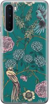 OnePlus Nord hoesje - Vogels Japanse bloemen - OnePlus Nord case - Soft Case Telefoonhoesje - Blauw