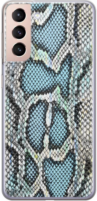 Coque souple transparente pour Samsung Galaxy S21 avec un motif détaillé de peau de serpent bleu et gris.