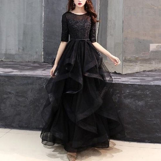 Elegante avondjurk met kanten lange rok met halve mouwen, maat: XL (zwart)-Zwart