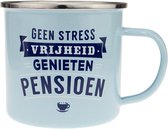 Mok - Top vent - Pensioen - Geëmailleerd - Gevuld met een dropmix - In cadeauverpakking