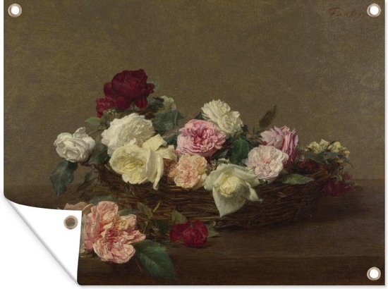 Tuinposter - Tuindoek - Tuinposters buiten - A basket of roses - Schilderij van Ignace Henri Theodore Fantin Latour - 120x90 cm - Tuin