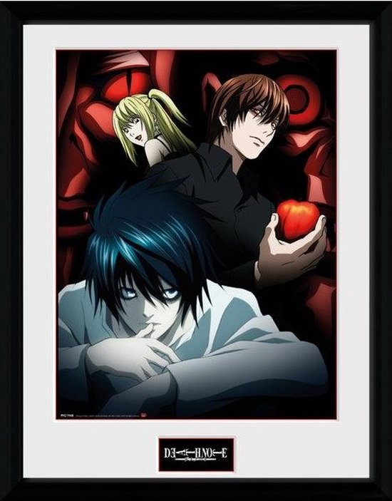 Impression collector encadrée avec Light Yagami, L Lawliet et Misa Amane de Death Note. L tient une pomme rouge.