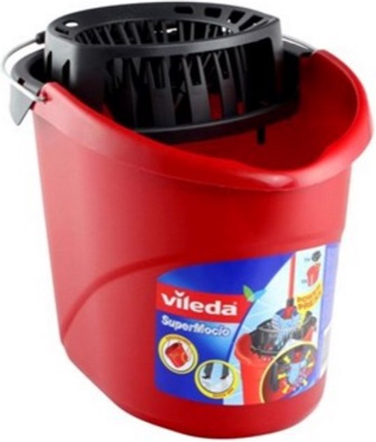 Rode Vileda SuperMocio emmer met pers, met een productsticker.