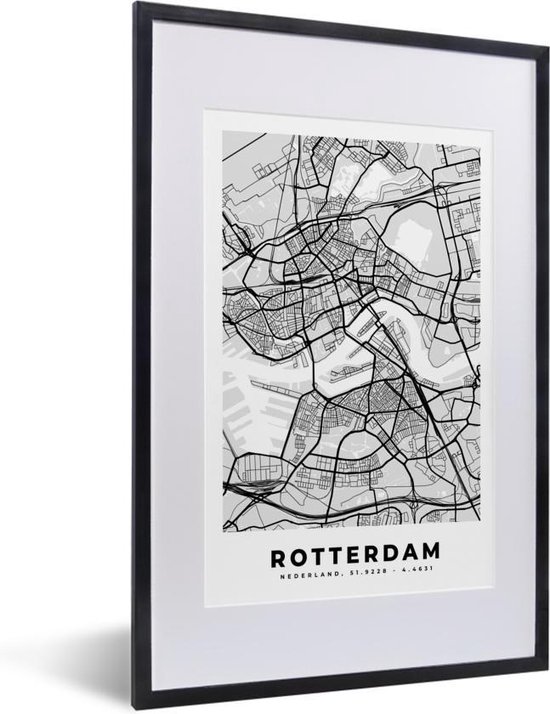 Fotolijst incl. Poster - Stadskaart - Rotterdam - Grijs - Wit - 40x60 cm - Posterlijst - Plattegrond