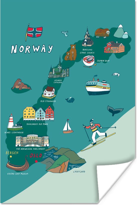 Poster Illustratie Scandinavië van de landkaart van Noorwegen - 20x30 cm
