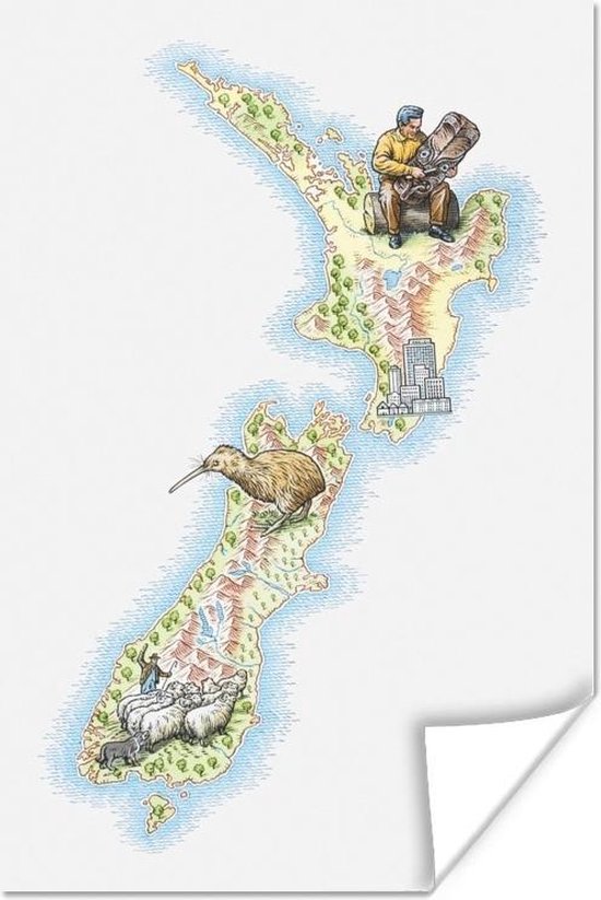 Poster Een illustratie van een kaart van Nieuw-Zeeland - 60x90 cm