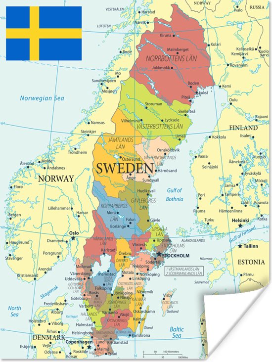 Poster Kleurrijke kaart van Zweden - 120x160 cm XXL