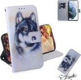 Voor Samsung Galaxy S21 FE Gekleurde tekening Horizontale flip lederen tas, met houder en kaartsleuven en portemonnee (witte wolf)